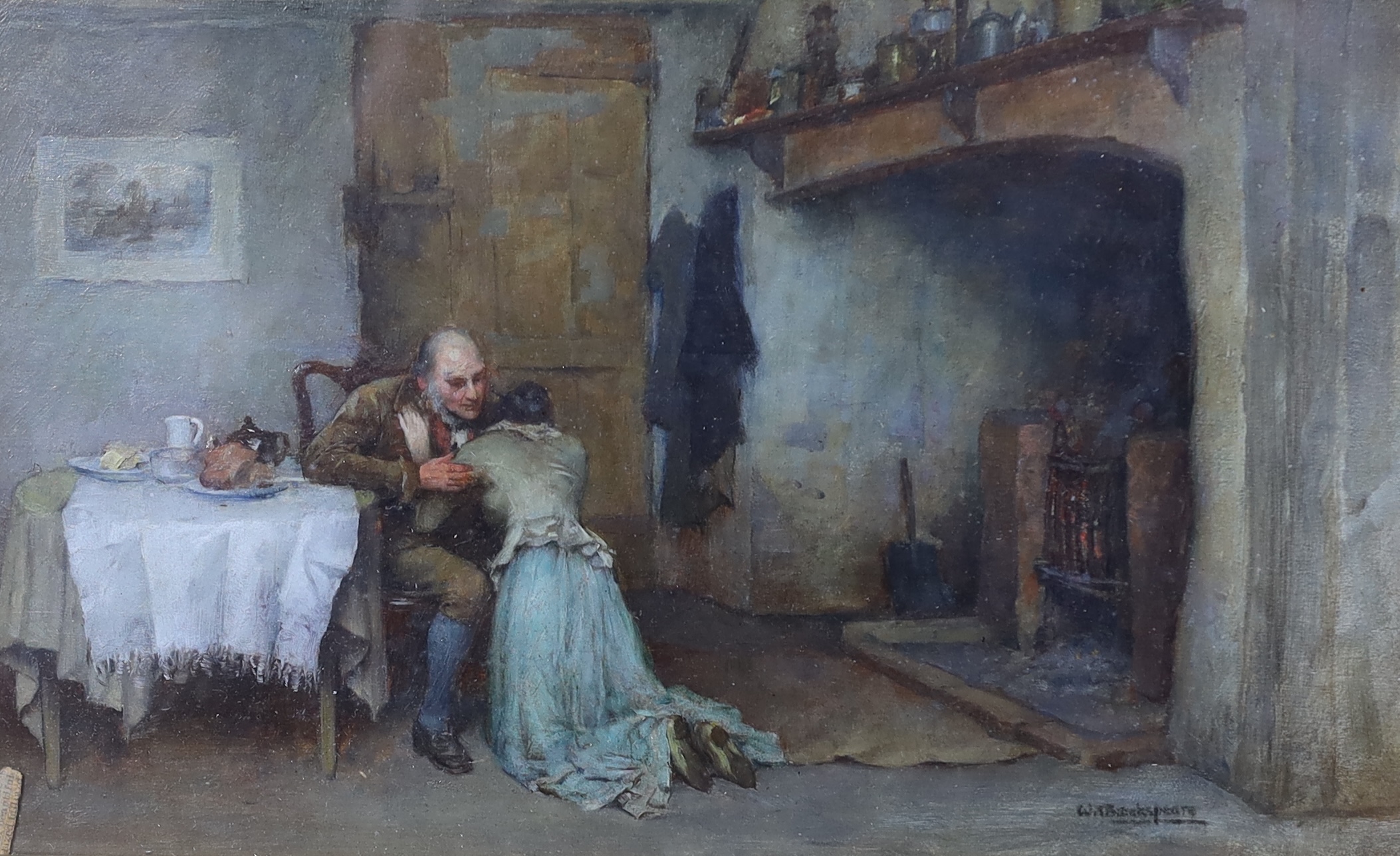 William A. Breakspeare (English, 1855-1914), 'Reconciled', oil on wooden panel, 15 x 24cm